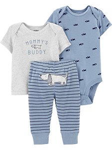 Camiseta Cinza, Body e Calça Azul Cachorro