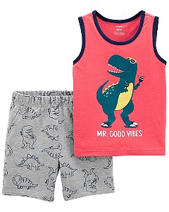 Regata Laranja e Shorts Cinza Dinossauro