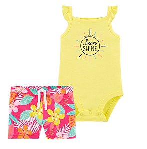 Body Amarelo Sunshine e Shorts Pink Florido