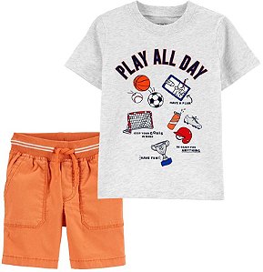 Camiseta Cinza "Play all Day" e Shorts Laranja