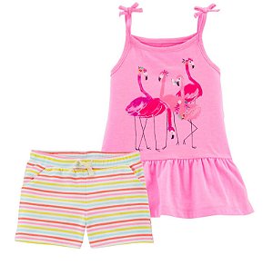Camiseta de Alcinha Flamingos e Shorts Listrado