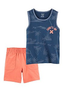 Regata Azul "Surf's" e Shorts Laranja