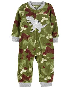 Macacão Fleece Camuflagem Dinossauro de Zíper sem Pé