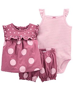 Trio Batinha e Shorts de Poá e Body Listrado