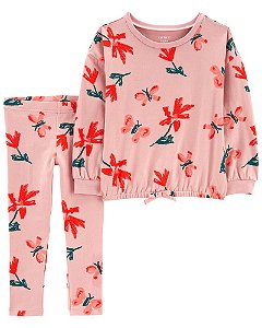 Conjunto Blusa e Calça Rosa com Flores e Borboletas
