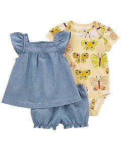 Trio Batinha e Shorts Chambray e Body Amarelo