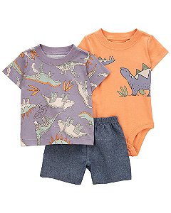Trio Camiseta Dinossauro, Body Laranja e Shorts Chambray
