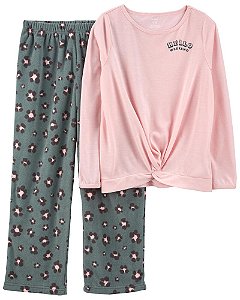 Pijama Blusa Rosa e Calça Fleece Oncinha