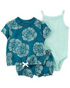 Trio Camiseta, Shorts e Body Azul com Flores