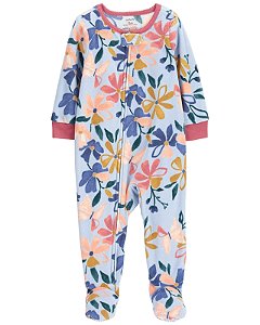 Macacão Fleece Azul Floral de Zíper sem Pé