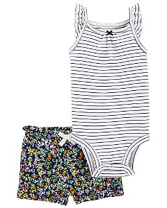 Body e Shorts Listras e Flores Azul
