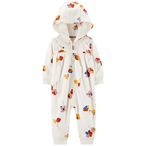 Macacão Fleece Creme Floral de Ziper sem Pé com Capuz