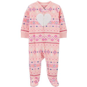 Macacão Fleece Rosa Coração de Ziper com Pé