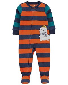 Macacão Fleece Listrado Azul e Laranja de Ziper com Pé