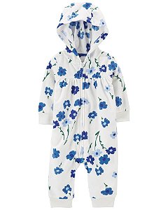 Macacão Fleece Branco com Flores Azul de Ziper sem Pé