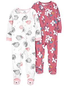Kit Macacão Fleece Flores e Porco Espinho de Ziper com Pé