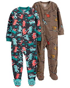 Kit Macacão Fleece Dinossauro e Helicoptero de Ziper com Pé