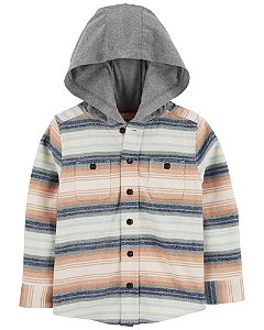 Camisa Listrada Flanelada com Capuz Cinza