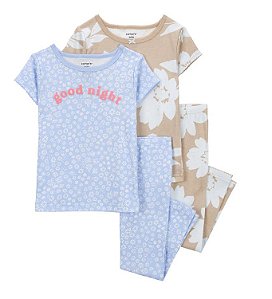 Pijama 2 Blusas e 2 Calcas Bege Flores e Azul