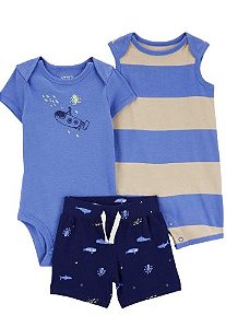 Trio Body, Shorts e Romper Azul Submarino - Recém Nascido