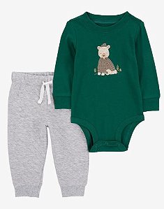 Blusa e Calca Moletom Verde e Cinza Urso - 18 meses