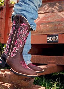Bota Texana Country Bordado Tribal Tradicional Rosa Couro Marrom