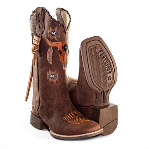 Bota Cano Alongado Touro Crânio Bordado Café