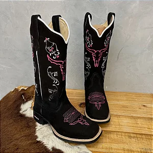Bota Texana Bordado Cruz Branca Couro Crazy Preto