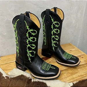 Bota Texana Arame Verde Couro Liso Sola Preta
