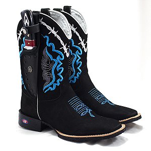Bota Texana Country Preta Couro Nobuck Bordado Azul Com Bainha e Faca