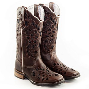 Bota Feminina Texana De Couro Laser e Brilho Gliter