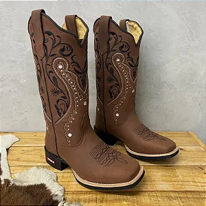 Bota Couro Marrom Bordado Preto Florência Cano Longo