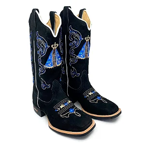 Bota Texana Preta Feminina Em Couro Bordado Azul Aparecida