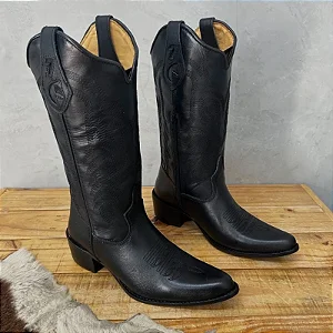 Texana Bico Fino - Couro Látego Preto | Bordado Preto Produto sob encomenda.