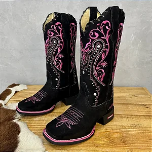 Bota Texana Florência Preta Couro Nobuck Bordado Rosa Cano Longo