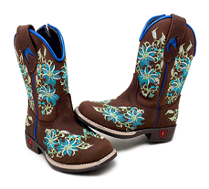 Bota Texana Ires Infantil - Couro Horse Nescau | Bordados Azul e Bege Produto sob encomenda.