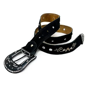 Cinto Flores - Couro Nobuck Preto Bordados Bege e Marrom
