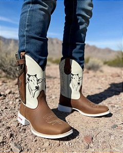 Bota Texana Sola Branca Nelore Bainha Faca Couro Marrom