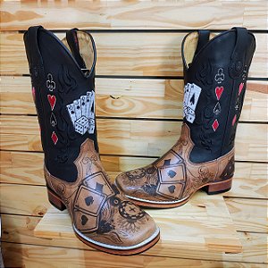 Bota Texana Baralho Copas Cartas Sola de Couro