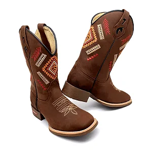 Bota Texana Quadro Couro Marrom Bordado Bege Rosa Cano Tradicional