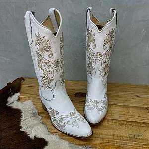 Texana Bico Fino Arizona - Couro Branco Bordado Bege Produto sob encomenda.