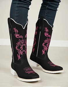 Bota Texana Couro Nobuck Preto| Bordado Rosa Sola Branca / Produto sob encomenda.