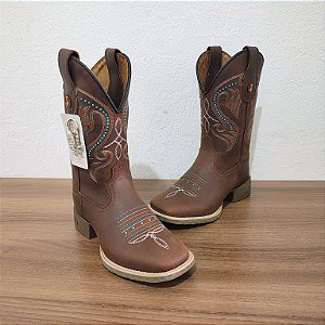 Bota Texana Couro Marrom Bordado Bege Cano Tradicional