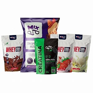 Kit 3x Whey Chocolate + Morango + Baunilha Aboslut + Creatina + Mix Nuts Tropical