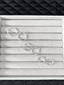 Trio de Brincos Argolas Hexágono Fio Quadrado Prata 925