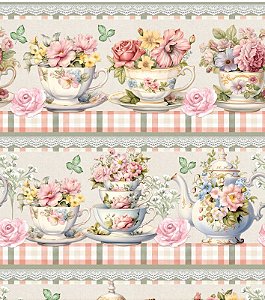 Tricoline digital Xícaras Florais (0,55cm x 1,50 de largura)