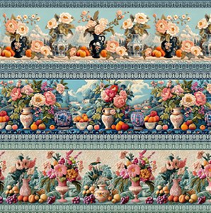 Tricoline digital Flores 3D fundo azul(0,55cm x 1,50 de largura)