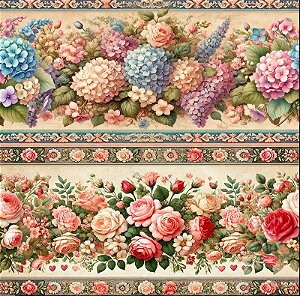 Tricoline digital Rosas e hortênsias (0,55cm x 1,50 de largura)