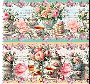 Tricoline digital Flores, xícaras e doces (0,55cm x 1,50 de largura)