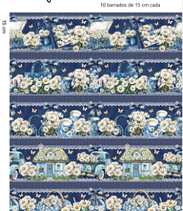 Tricoline digital Jeans com Margaridas (0,55cm x 1,50 de largura)